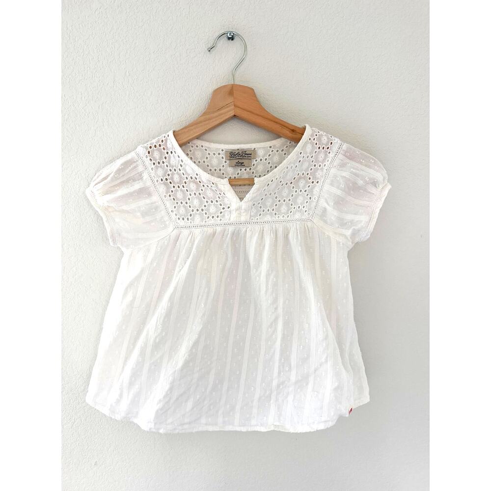 Lucky Brand Girls White Eyelet Embroidered Boho Blouse Kids Size L